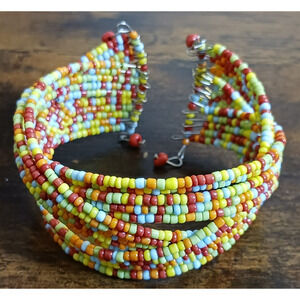 Multicolor Seed Bead Cuff‎ Bracelet Silver Tone Boho Hippie Festival